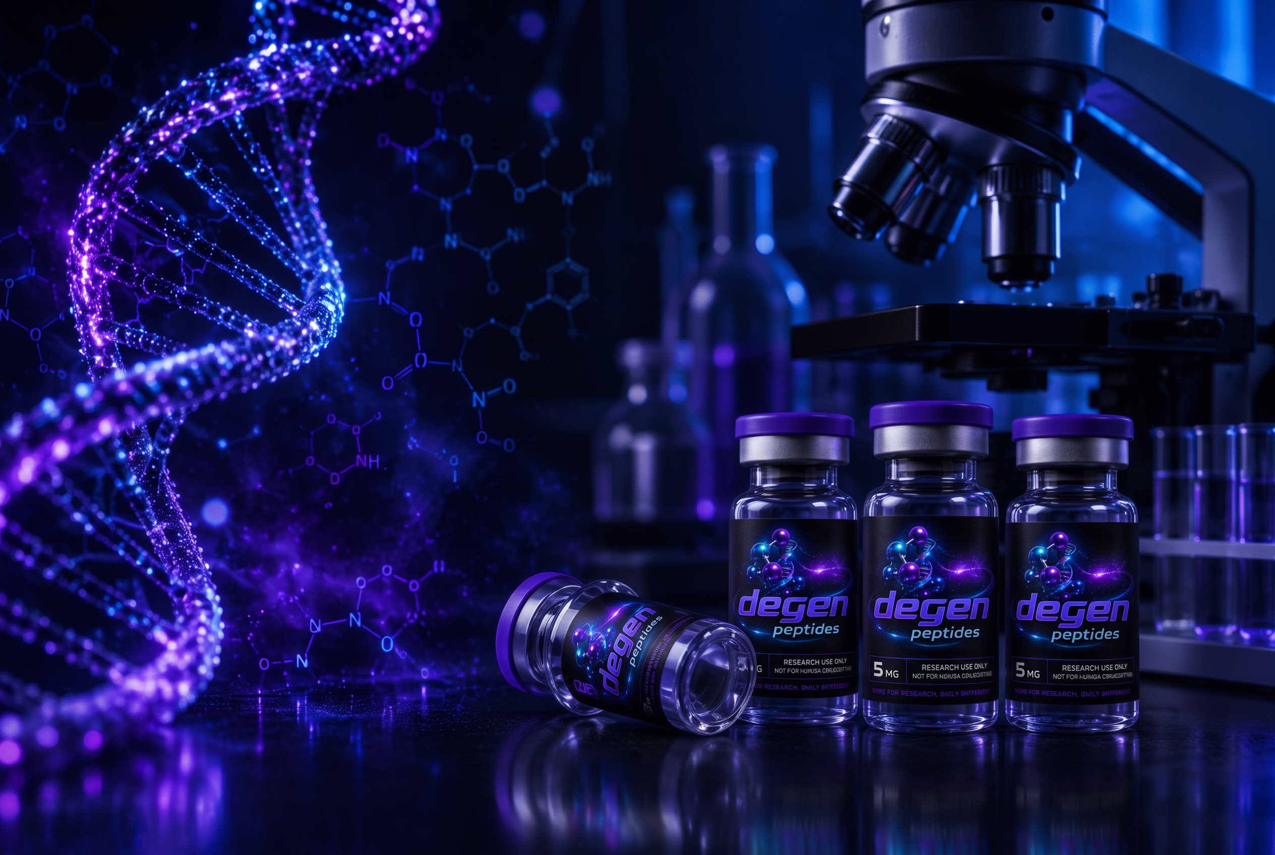 Futuristic peptide research laboratory with vials, DNA helix and microscope